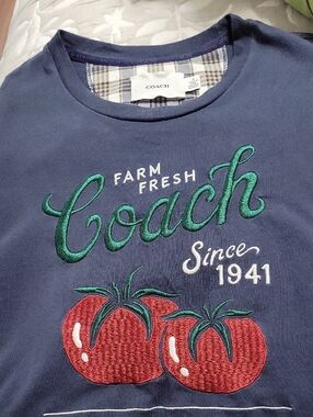 Coach Navy Tshirt with Green Script & Red Tomato Embroidery